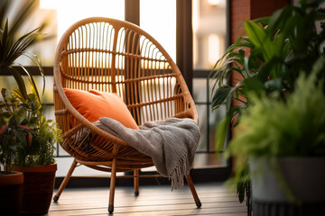 Private terrace with a wood balcony and plants,  large plants and chairs indoor outdoor, wicker chair and plants.