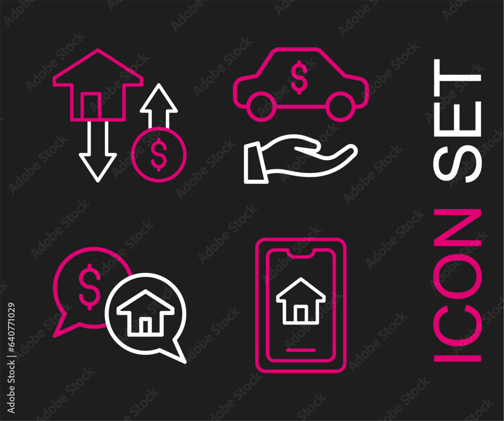 Poster Set line Online real estate, Price negotiation, Car rental and House with dollar icon. Vector