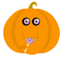 A fat pumpkin with chubby cheeks has a spiral, purple lollipop. Cartoon vector illustration