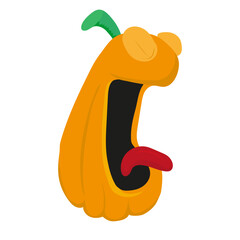 An elongated pumpkin in the form of a screaming head with a protruding tongue and closed eyes. Halloween symbol. Vector graphics. Flat design, cartoon style.