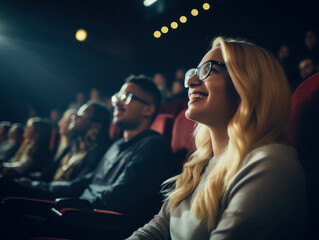 Cheerful glasses woman chuckles while watching a film in the cinema - obrazy, fototapety, plakaty