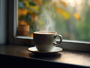 Delicious morning coffee near window