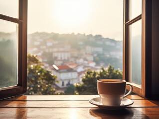 Delicious morning coffee near window