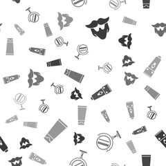 Set Mustache and beard, Round makeup mirror, Electrical hair clipper or shaver and Cream or lotion cosmetic tube on seamless pattern. Vector