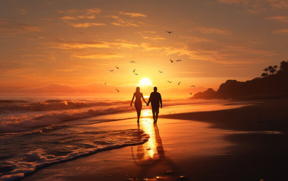 Silhouette of romantic couple walking at beautiful sunset on the beach