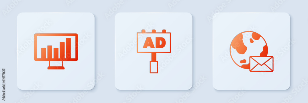 Sticker Set Advertising, Monitor with graph chart and Earth globe mail. White square button. Vector