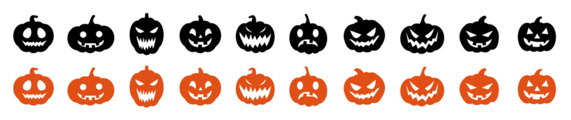 halloween pumpkin face silhouette icon symbol set scary spooky horror vector graphic design orange cartoon illustration