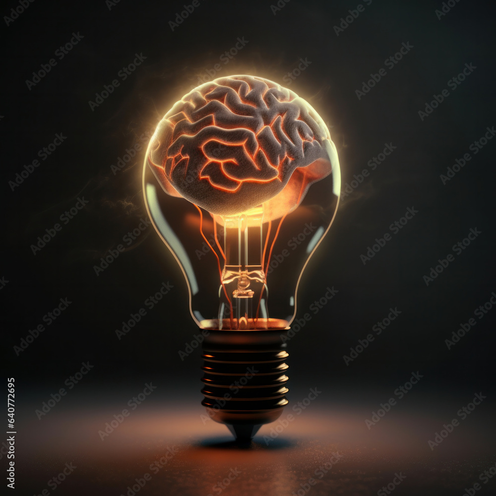 Poster light bulb with a glowing brain inside represents the power of creativity and innovation. this image
