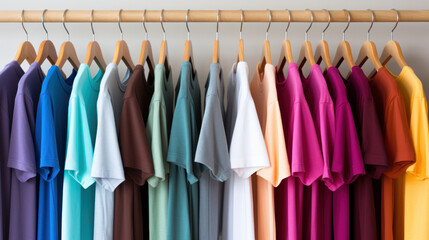 Rack with various colorful clothes on wooden hangers