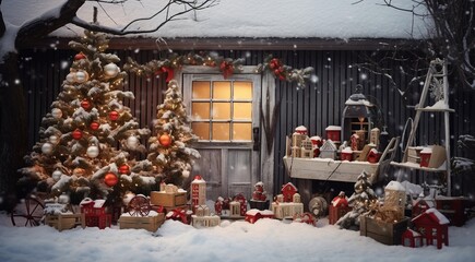 christmas tree with gifts in outdoor, christmas tree with gifts and decorations, christmas scene