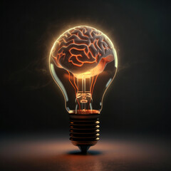 Light bulb with a glowing brain inside represents the power of creativity and innovation. This image is perfect for showcasing the concept of mental fitness, science, and awareness. AI Generative