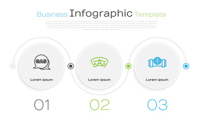 Set line Location and gas station, Motor gauge and Metallic pipes valve. Business infographic template. Vector