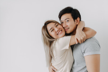 Portrait of lovely couple asian lover isolated on white background.