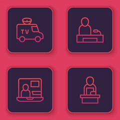 Fototapeta premium Set line TV News car, World news, Television report and Breaking. Blue square button. Vector