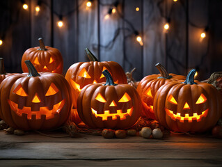 Halloween - Jack O' Lanterns - Candles And String Lights On Wooden Table. Generative Ai