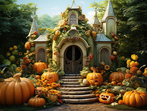 Carved pumpkins near green house door, Halloween pumpkins and decorations outside. Generative Ai