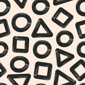 Abstract geometric shapes on beidge background. Black bold inc brush lines. Vector seamless pattern