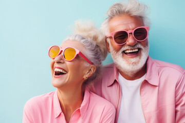 Portrait of happy middle aged couple. Elderly man and woman smiling and have fun. Positive emotions
