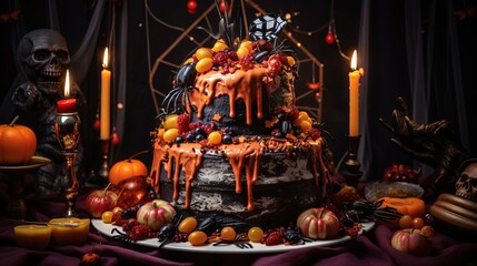 Halloween Cake on a Scary Background. Halloween Event.