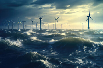 Offshore wind farm. Wind generators in sea. Development of renewable energy sources