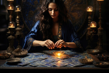 Fortune teller reads tarot cards. Astrology horoscope, esoteric and spiritual concept