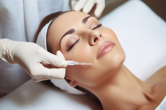 Young beautiful woman receives botox injection for facelifting. Aesthetic medicine. Cosmetology procedure in beauty clinic.