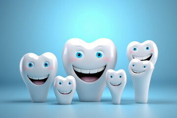 Generative AI bright picture of white cute funny smiling tooth characters with faces isolated on blue turquoise color background