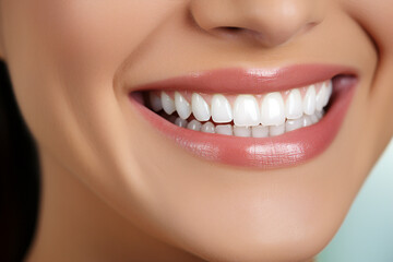 Fototapeta premium Generative AI concept close up cropped photo of woman mouth with perfect white bright smile and healthy teeth