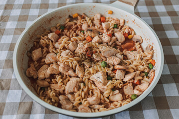 Homemade chicken breast pasta in a pan for high protein and diet recipe.