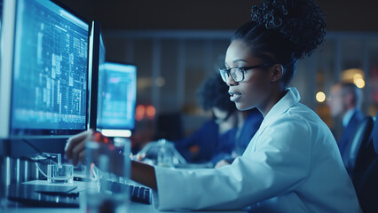 African American pharmaceutical scientist using computer while working on new research in laboratory. - obrazy, fototapety, plakaty