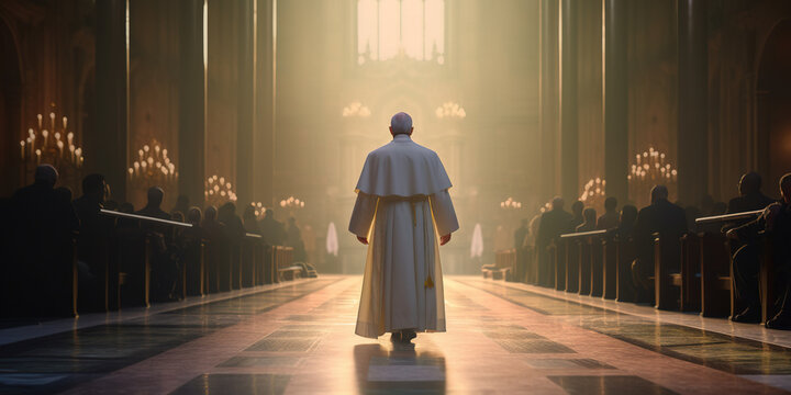 Back view of The Pope walking gracefully through the Church. Symbol of faith, reverence and hope. Blessing light shines.