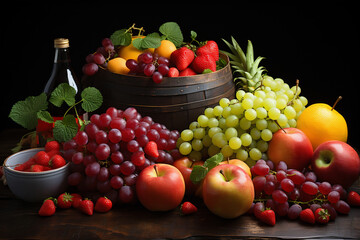 Wooden table heaped with mixed fresh fruit, grapes, apples, pineapple strawberries, dark background, AI generated