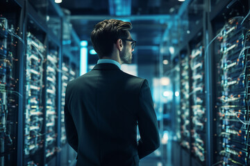 Fototapeta premium Generative ai collage image photo of professional it specialist analyzing data warehouse room
