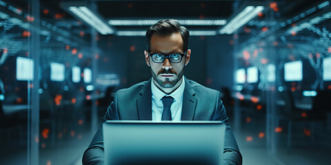 Confident successful businessman sitting at office desk and working with a laptop, looking at camera.