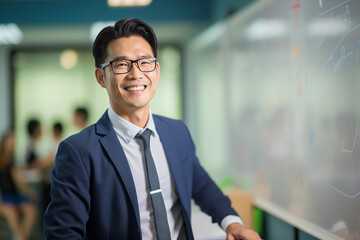 Picture made with generative AI photo of happy handsome man standing in a contemporary office class room