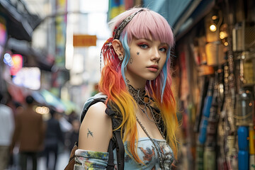 Obraz premium A young woman traveler wanders Takeshita street in Harajuku Tokyo's vibrant hub of youth fashion and cosplay 