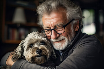 Bond between senior man and dog generates affectionate connection indoors  - obrazy, fototapety, plakaty