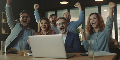 Obraz premium Group of successful diverse business people , gathered around office desk with laptop cheering with clenched fist in the office