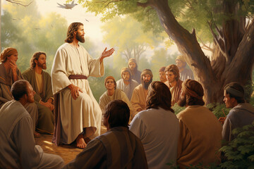 Fototapeta premium Generative AI picture Jesus teaching and leading his apostles talking to them