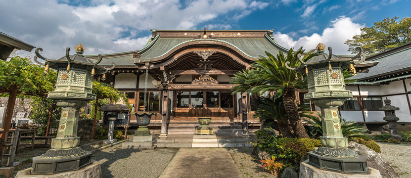 Ebina, Kanagawa Prefecture, Japan - November 15, 2017: Panoramiv view of Honden (Main Hall) of Josenin temple. Soso Buddhist monastery