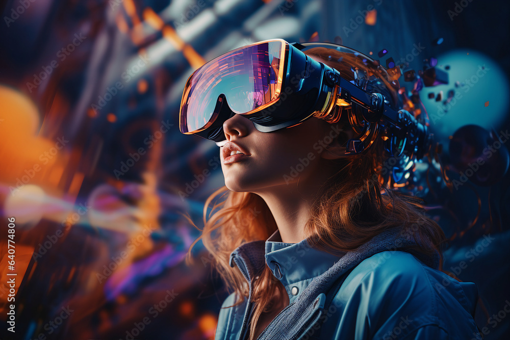 Poster generative ai collage photo of gamer using device gadget for virtual reality simulation