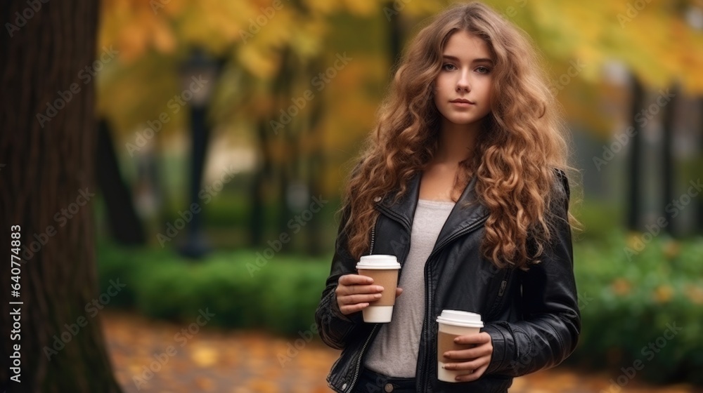 Wall mural A woman in a leather jacket holding a cup of coffee