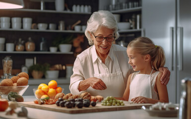 Smiling grandmother and her cute granddaughter cooking together in the modern kitchen.
