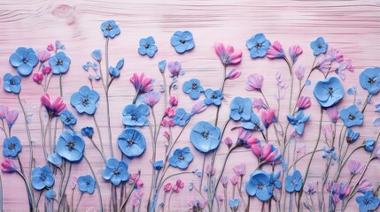 A bunch of blue and pink flowers on a wooden surface
