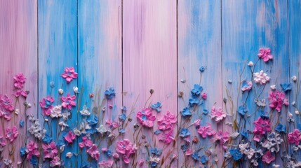 A painting of pink and blue flowers on a wooden wall