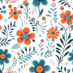 Seamless pattern with red and blue flowers on a white background. Generative ai.
