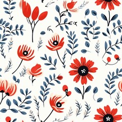 Seamless pattern with flowers and leaves. Hand drawn style illustration. Generative ai.