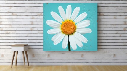 A painting of a daisy on a blue background hangs on a white brick wall