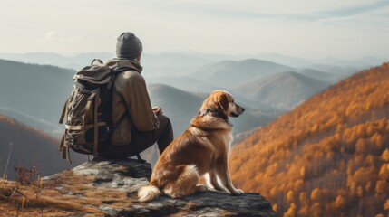 A person sitting on a rock with a dog