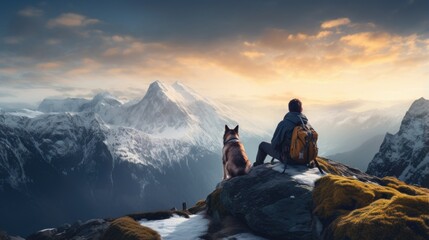 A man sitting on top of a mountain next to a dog - obrazy, fototapety, plakaty